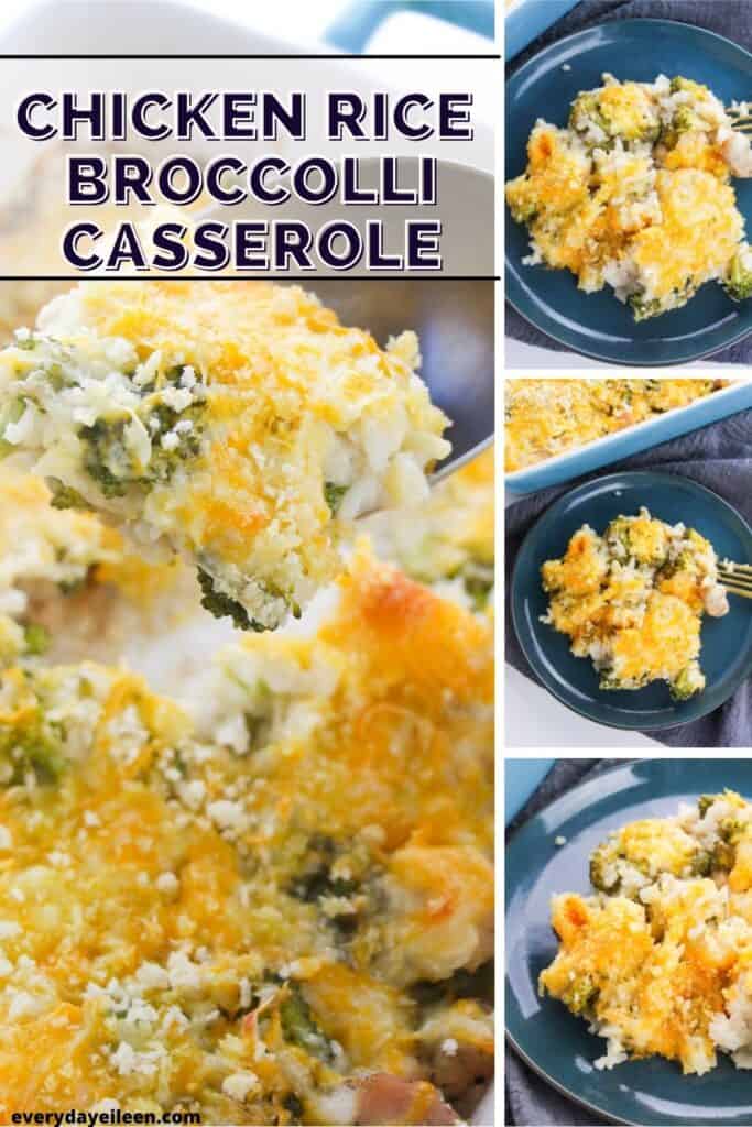 A collage of chicken rice and broccoli casserole on a blue dish.