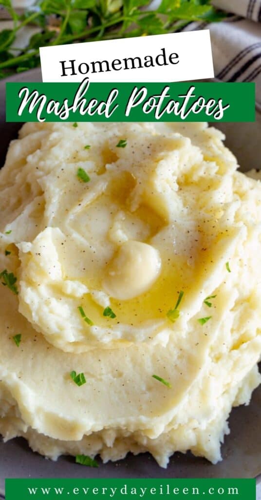 A pinterest pin for homemade mashed potatoes with herbs behind the bowl.