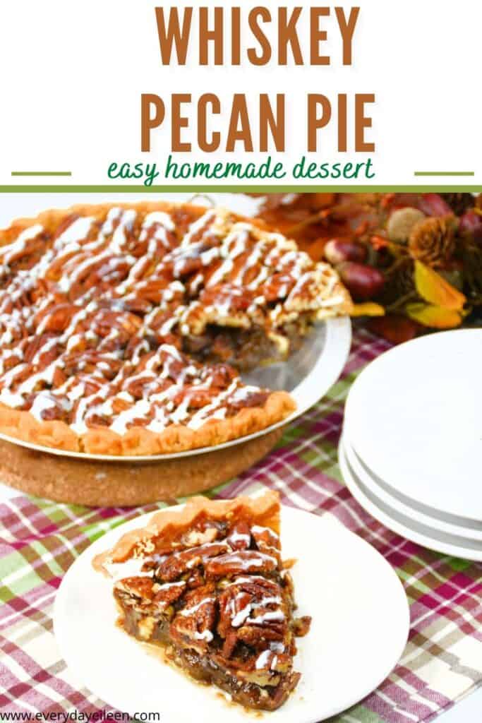 A pie topped with pecans and drizzled with a white sauce with a slice of pie in front of the whole pie.