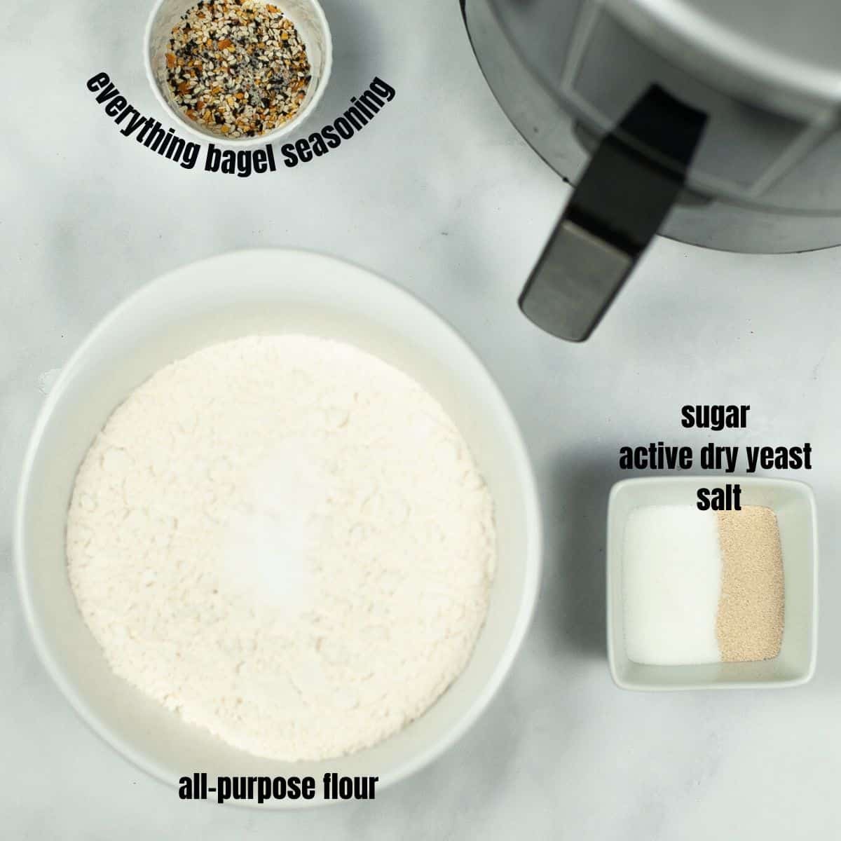 Air fryer bagel recipe ingredients with text overlay. 
