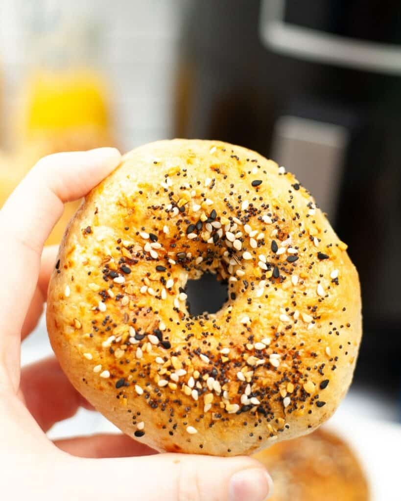 An everything bagel seasoned bagel that was made in an air fryer. 