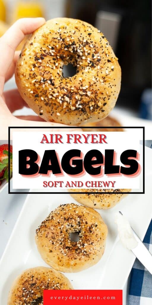 Two photos of air fryer bagels, top photo is an everything bagel being held in a hand. Bottom photo, an overhead view of bagels on a white dish.