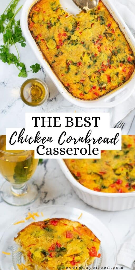 Two photos of cornbread chicken casserole, 1st photo is the casserole in a white casserole dish with a glass next to it. The bottom photo is a plate full of the yellow casserole with a clear glass behind the plate as well as the casserole dish.