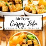 Multiple photos of crispy tofu topped with sesame seeds and served over rice.