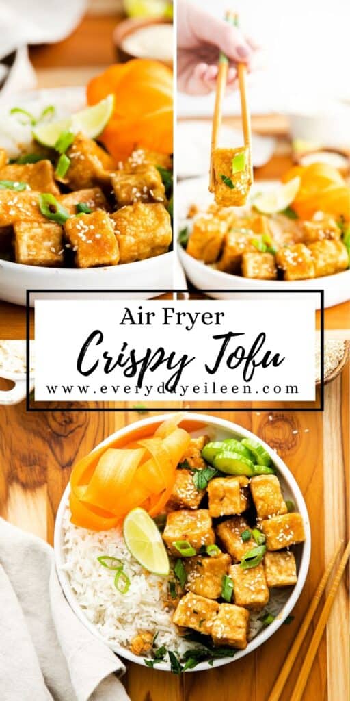 Multiple photos of crispy tofu topped with sesame seeds and served over rice.