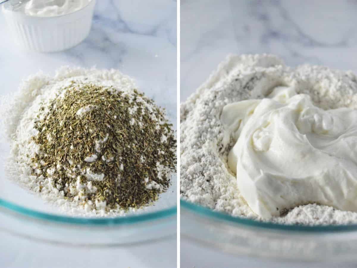 Two photos, 1st photo white photo topped with Italian seasoning, garlic powder, salt, black pepper. 2nd photo. White flour mixed with the seasoning topped with greek yogurt. 