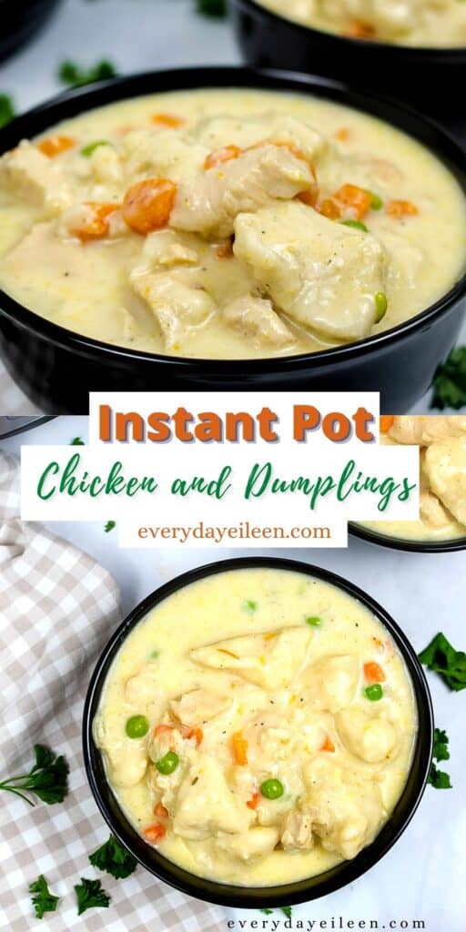 Two photos, top photo creamy soup with chicken, dumplings, carrots and peas. Bottom photo an overhead view of a black bowl with creamy broth, dumplings, peas and carrots with a checkered towel next to the bowl.