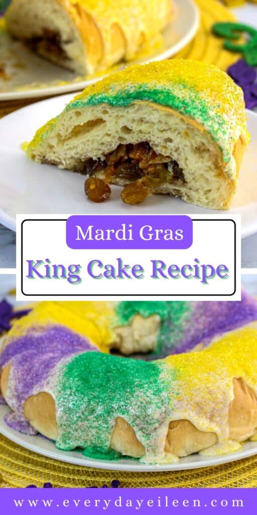 Two photos of king cake. Top photo is a slice of cake filled with raisins. The second phot is a round cake with a white glaze and purple, yellow, and green sprinkles.