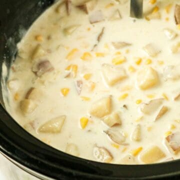 A slow cooker filled with chowder and a ladle in the pot.