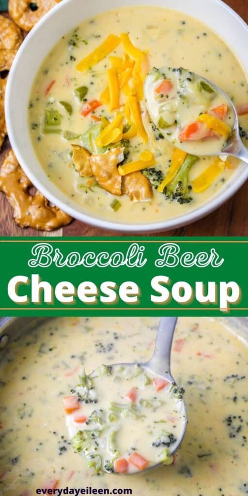 Two photos, top photo, white bowl with creamy soup topped with shredded cheese and chopped pretzels. Bottom photo is a large soup pot filled with creamy soup with broccoli.