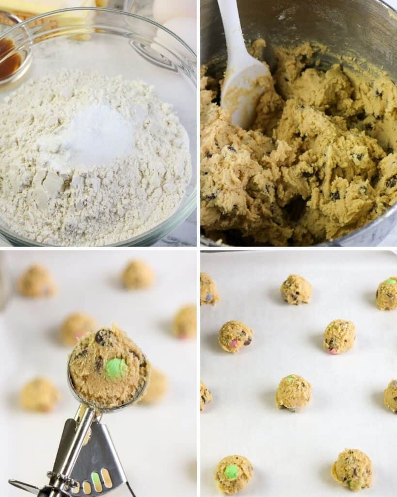 Steps to make M&M cookies for Easter. 