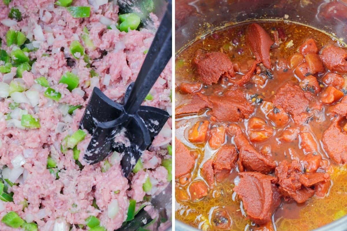 Two photos of ingredients to make turkey chili in the instant pot.
