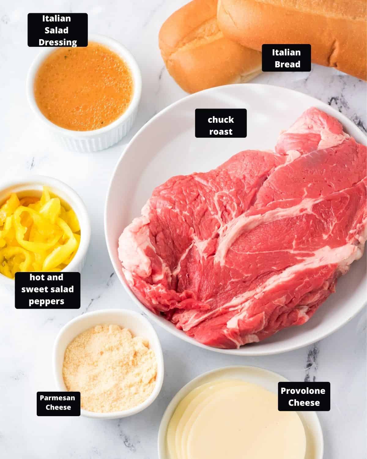 Ingredients to make Slow Cooker Italian beef with text overlay. 