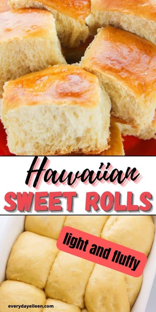 Two photos of hawaiian rolls and a second photo of rolls proofing in a casserole dish.