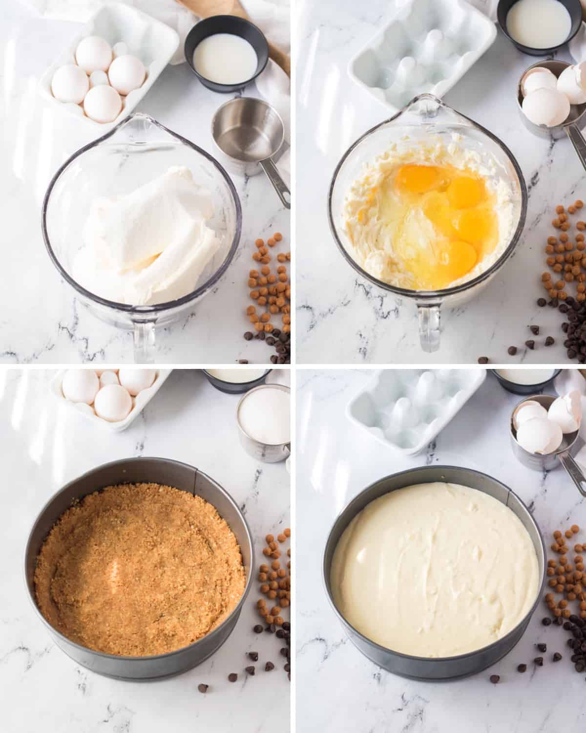 Four steps to make twix cheesecake, 1st photo cream cheese in a large glass mixing bowl. 2nd photo. The second photo, the same mixing bowl with cream cheese with the addition of eggs. 3rd photo is a springform pan with a crust layered on the bottom of pan. 4th photo, the springform pan with the cheesecake ingredients whipped together in the pan.