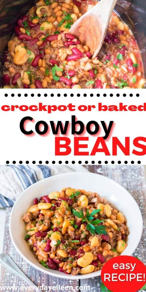 two photos of beans and beef in a slow cooker and second photo pf cowboy beans in a white bowl.