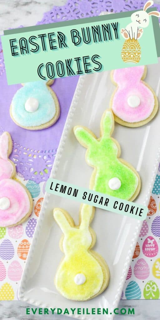 A white plate with bunny cookies decorated with yellow, green, pink, and blue sanding sugar.