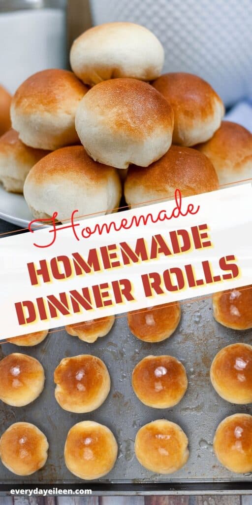 2 photos of dinner rolls. Top photo, a stack of golden brown homemade yeast rolls on a plate. 2nd photo, homemade rolls on a baking tray.