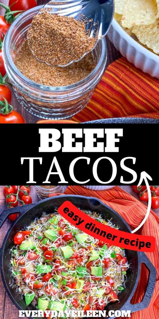 Two photos of beef tacos top photo is a glass jar filled with seasoning and bottom photo a skillet filled with beef topped with avocado, tomatoes, and cheese.