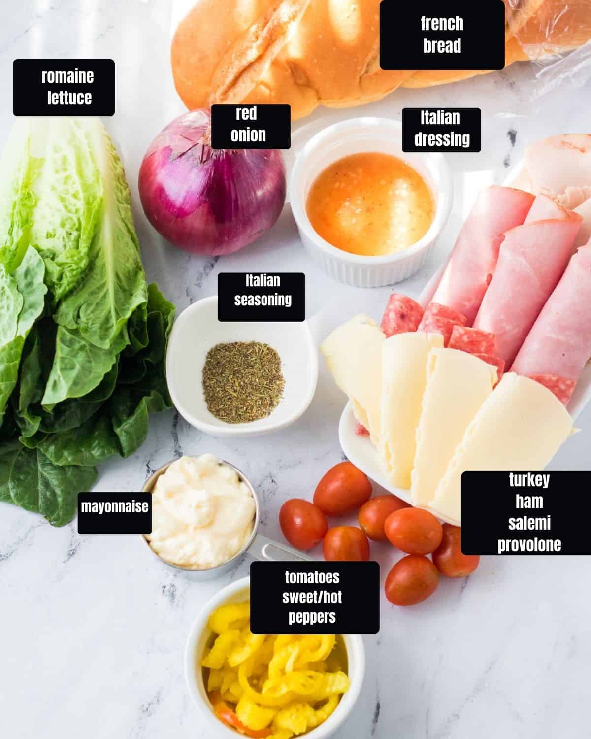 Ingredients to make Italian sub dip with text overlay. 