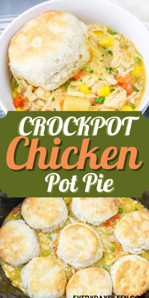 Two photos of crockpot chicken pot pie, Top photo a white soup bowl with chicken pot pie topped with a biscuit.