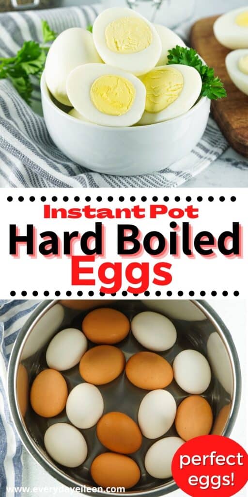Two photos of eggs, top photo of hard boiled eggs in a bowl on a blue linen. Bottom photo is brown and white eggs in the vessel of an Instant Pot.