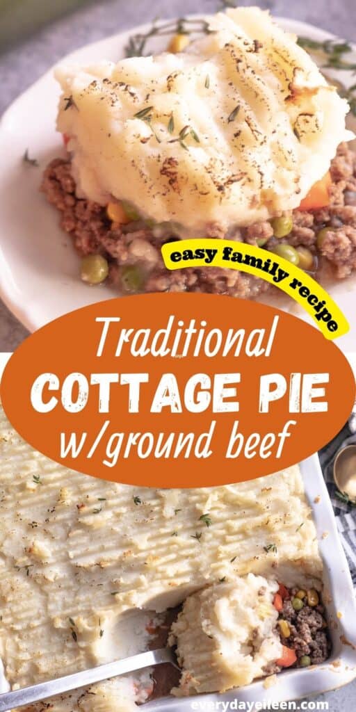 Ground beef topped with mashed potatoes and a second photo of a casserole of cottage pie.