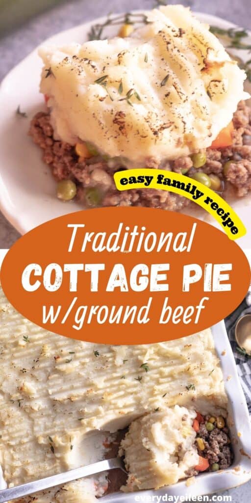 Ground beef topped with mashed potatoes and a second photo of a casserole of cottage pie.