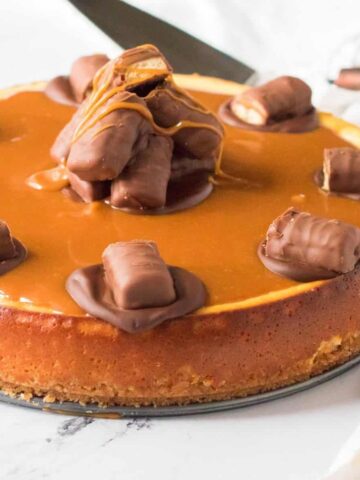 A Twix cheesecake topped with a brown sweet sauce, the center of the cake has 4 half pieces of a chocolate bar. The rim of the cake has chocolate rounds topped with Twix bars.