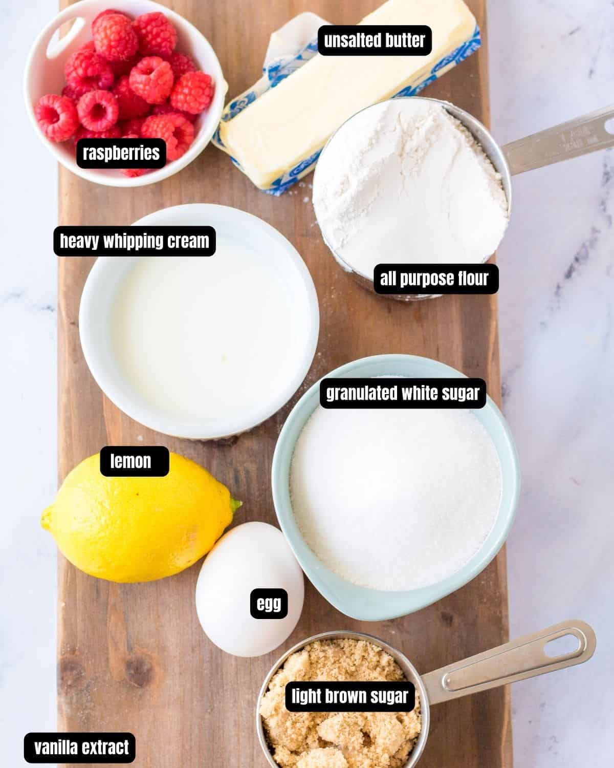 Ingredients to make raspberry lemon muffins
