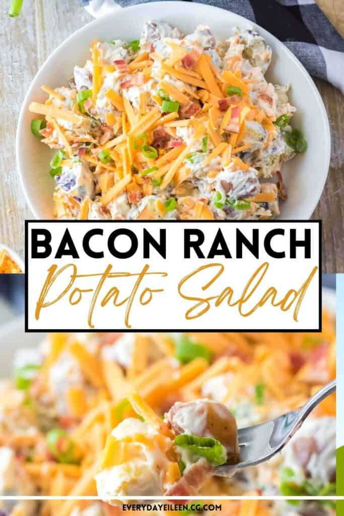 Top photo, white bowl with creamy potato salad topped with chopped bacon and shredded cheese. Bottom photo, a fork lifting out of a salad with red potato, mayonnaise, and cheddar cheese.