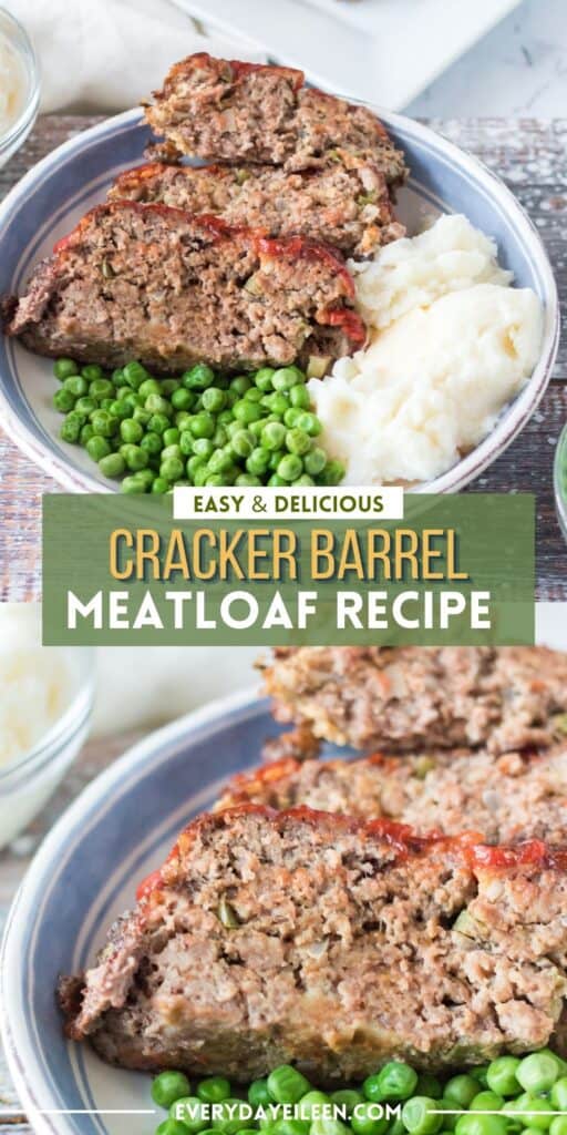 A double pinterest photo, top picture is a white plate with blue trim with three slices of meatloaf, potatoes, and peas on the plate. The bottom photo is an upclose photo of slices of meatloaf with green peas in front of the meatloaf.