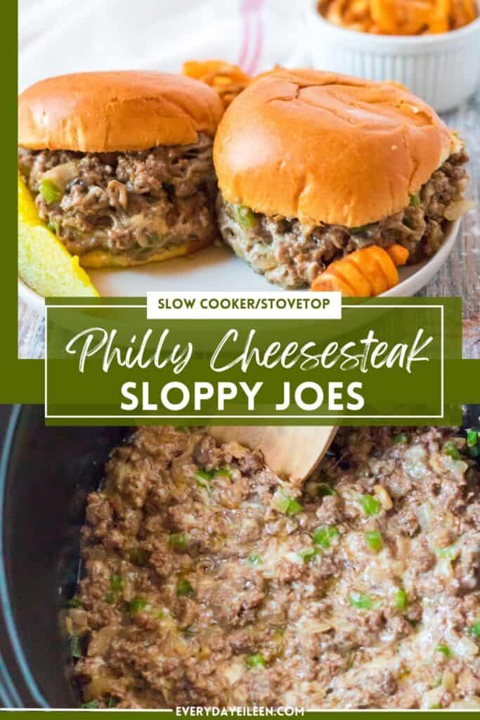 Two photos, top photo are two sandwiches with ground loose meat, chopped peppers, and cheese on hamburger buns with a pickle on the left side and curly fries in a bowl behind the sandwiches. Bottom photo is a black pot with ground cooked beef and peppers with a wooden spoon in the pot.