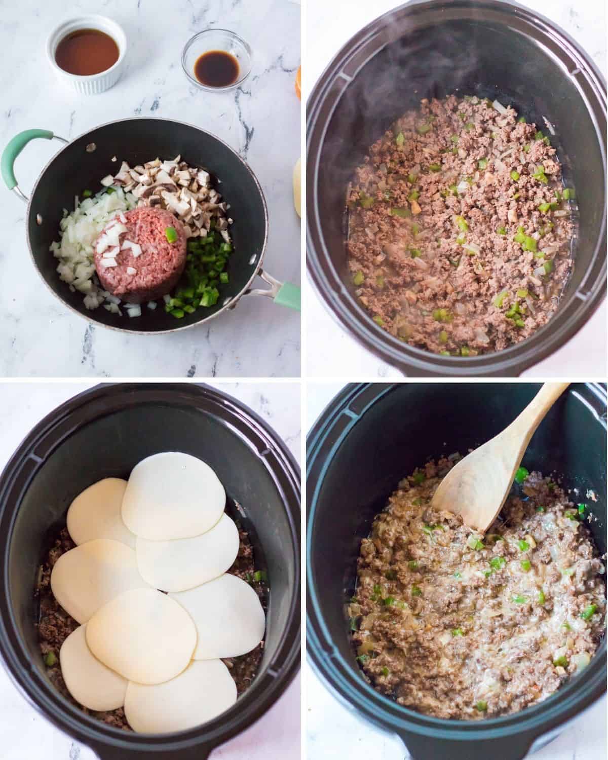 Instructions to make slow cooker or stopvetop philly cheesesteak sloppy joes.