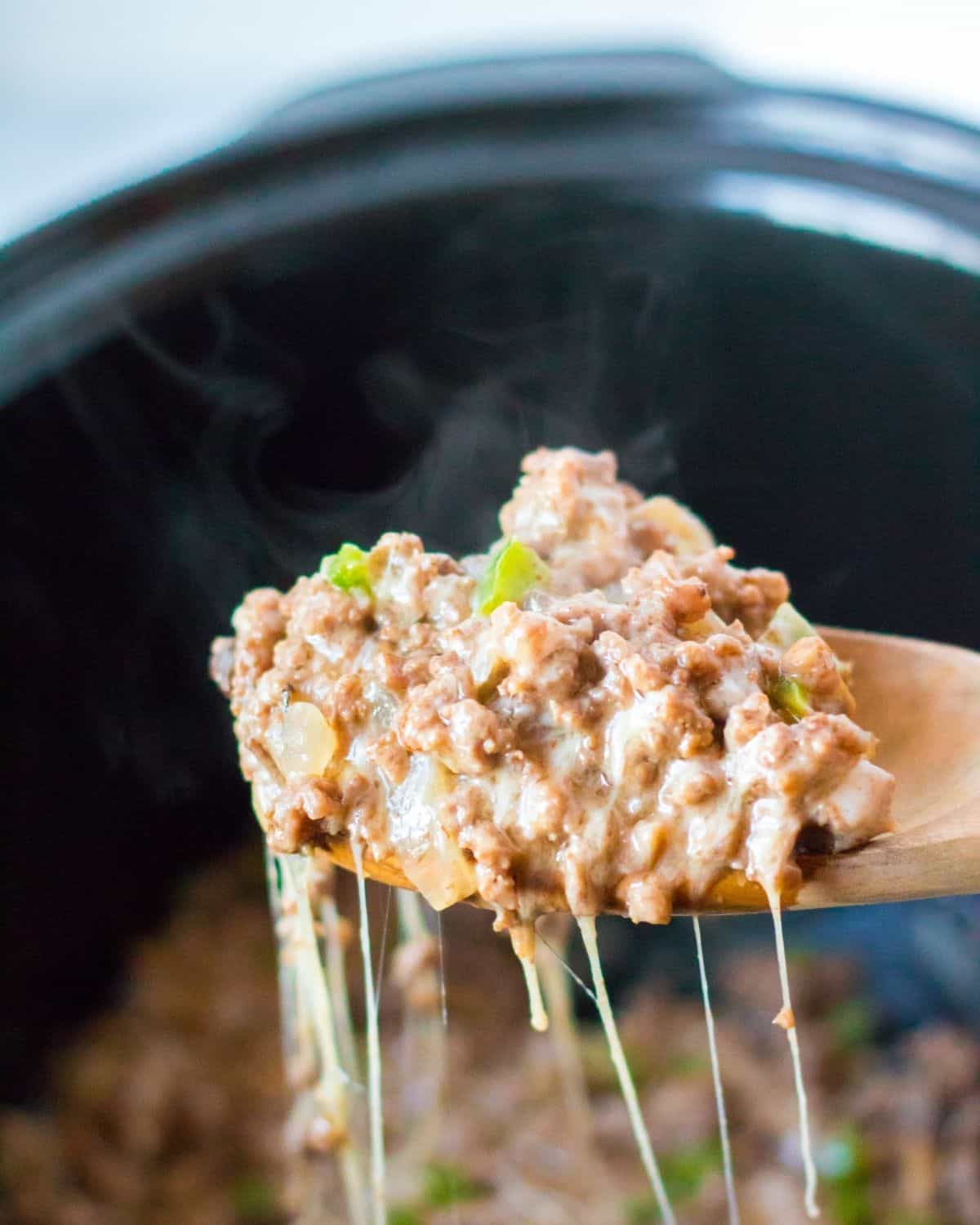 Philly cheesesteak sloppy joes on a spoon. 