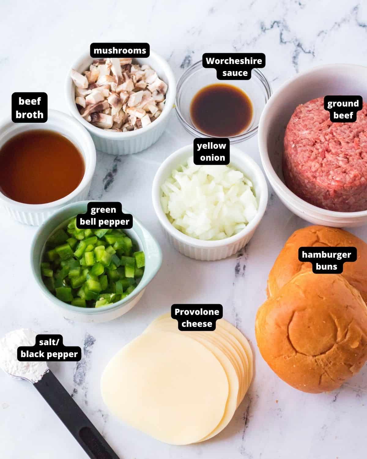 Ingredients to make philly cheesesteak sloppy joes with text overlay. 