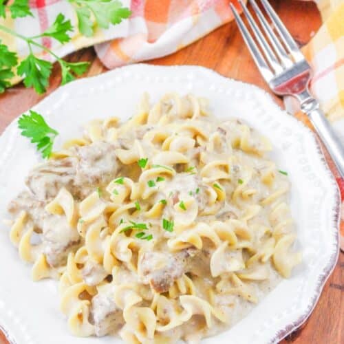 A white plate on a wooden table. The plate has beef stroganoff on it with a sprinkle of fresh parsley.