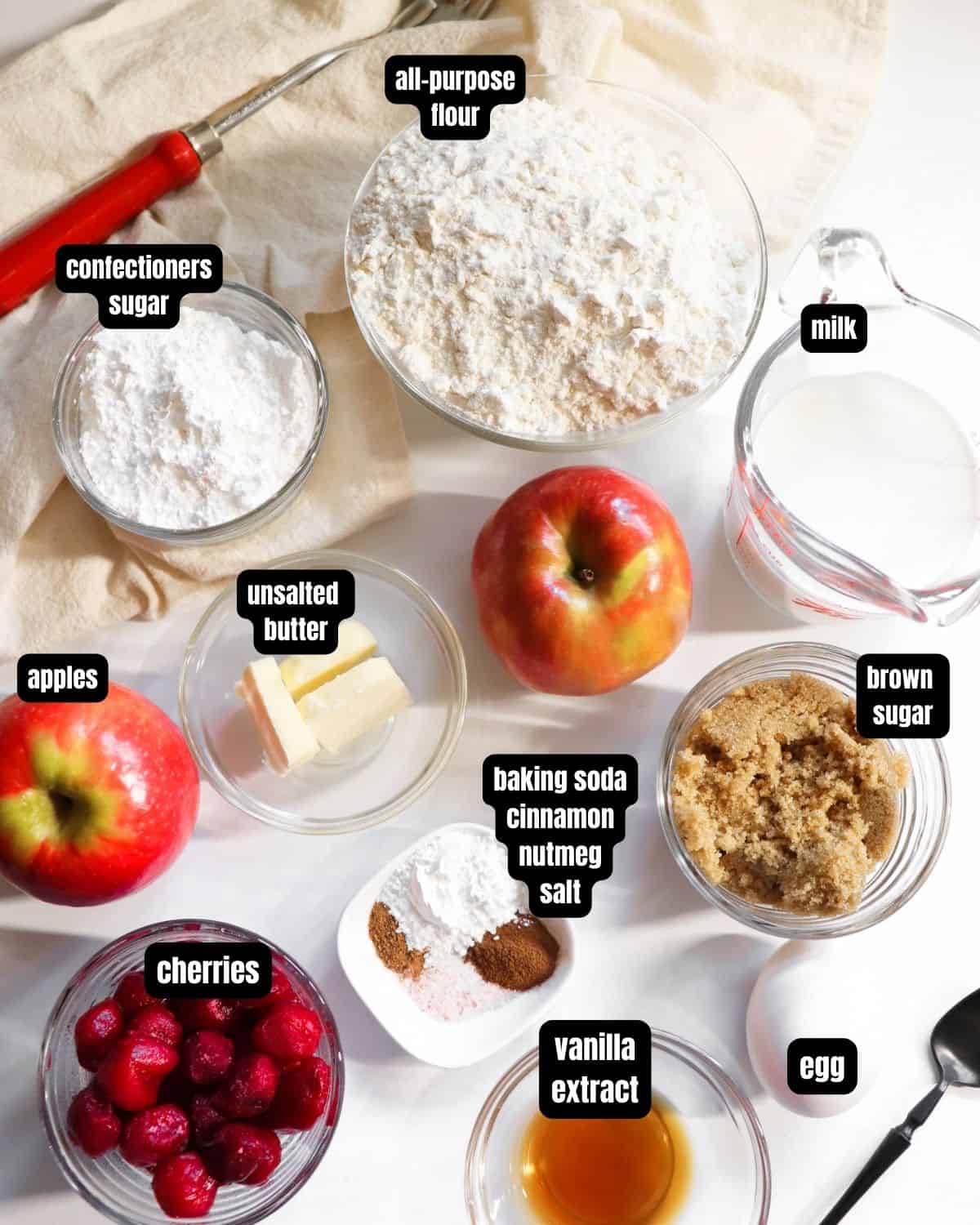 Ingredients to make cherry fritters with text overlay. 