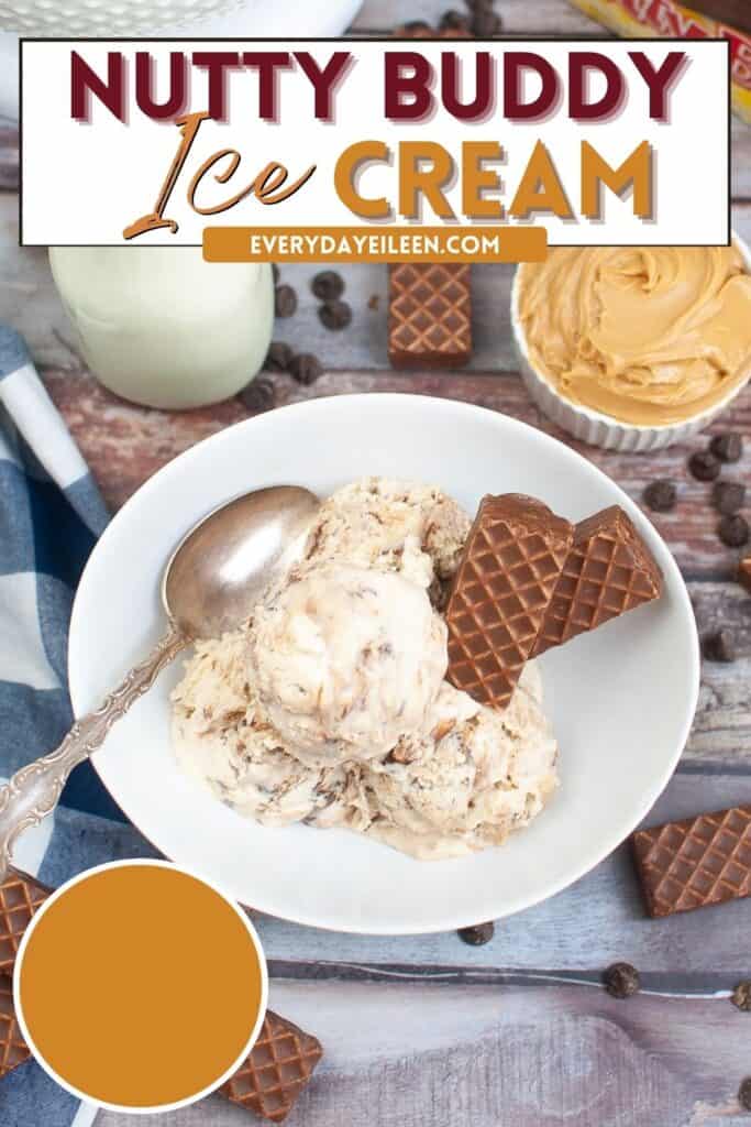 A pinterest photo with text overlay of Little Debbies Nutty Buddy Ice Cream in a bowl with a spoon and Little Debbie bar on the side.