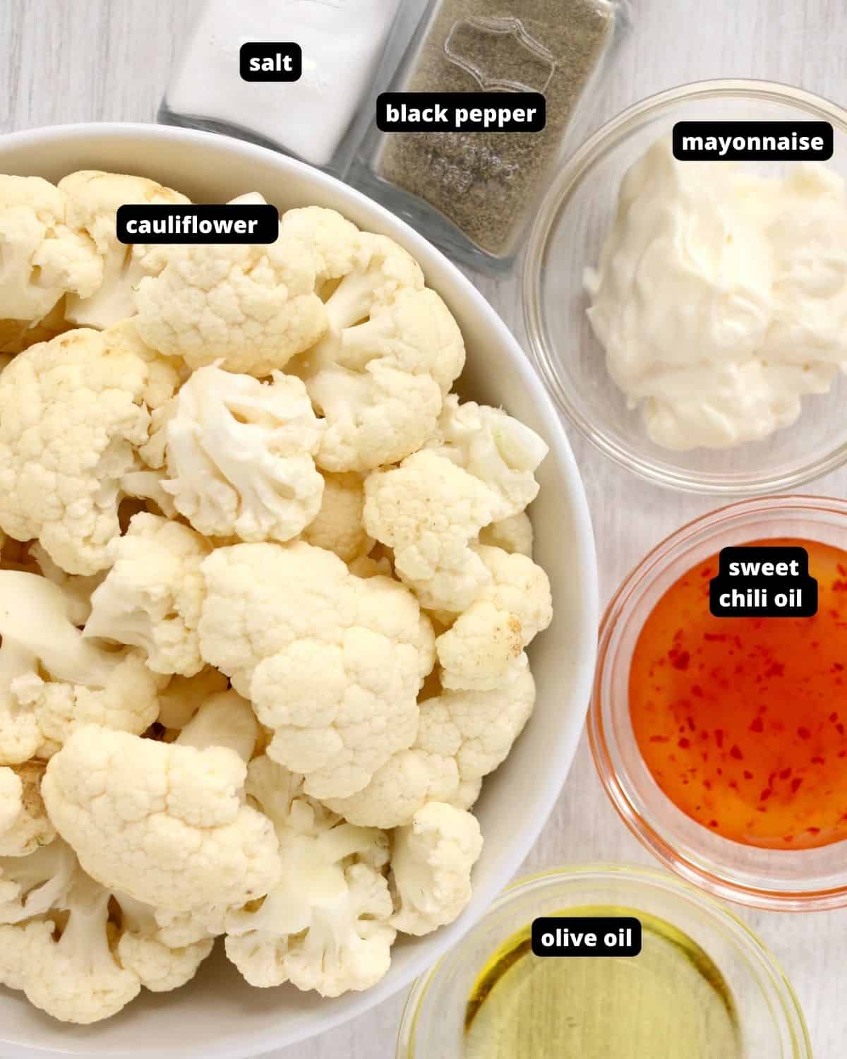 Air Fryer Bang Bang Cauliflower ingredients with text overlay.