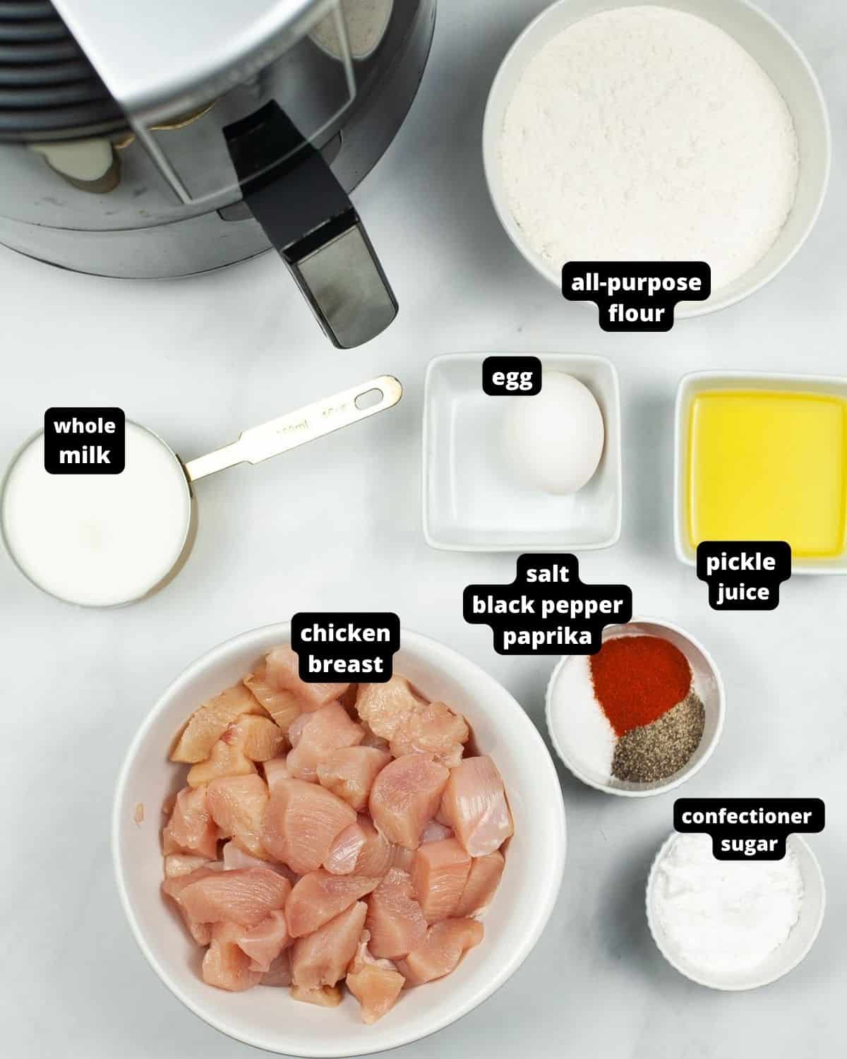 Ingredients to make air fryer or baked chick fil a nuggets.