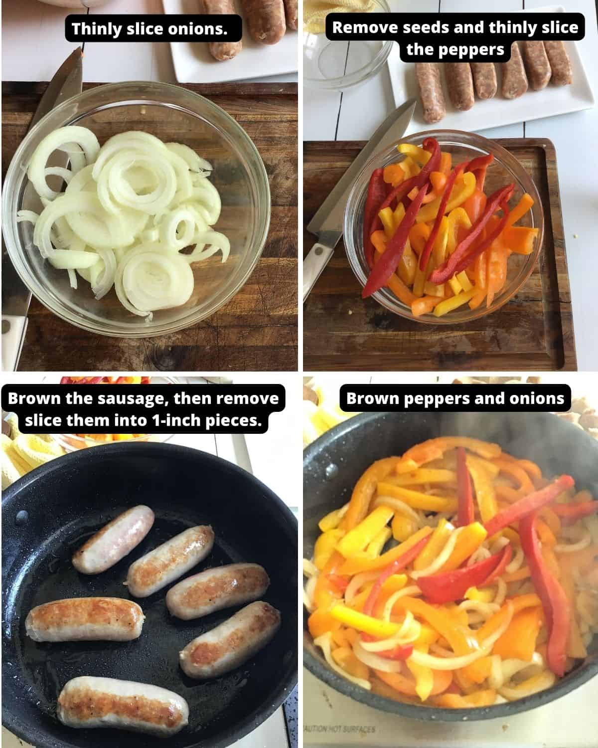 Instructions to make Italian Sausage and peppers with text overlay. 