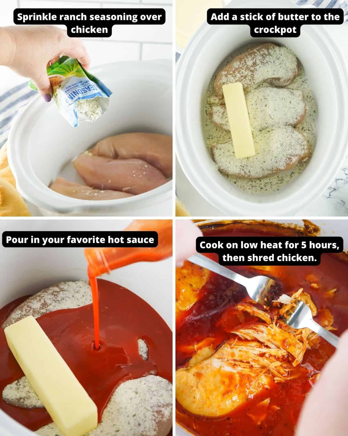 Steps to make slow cooker chicken with Buffalo sauce to make shredded chicken sandwiches. 
