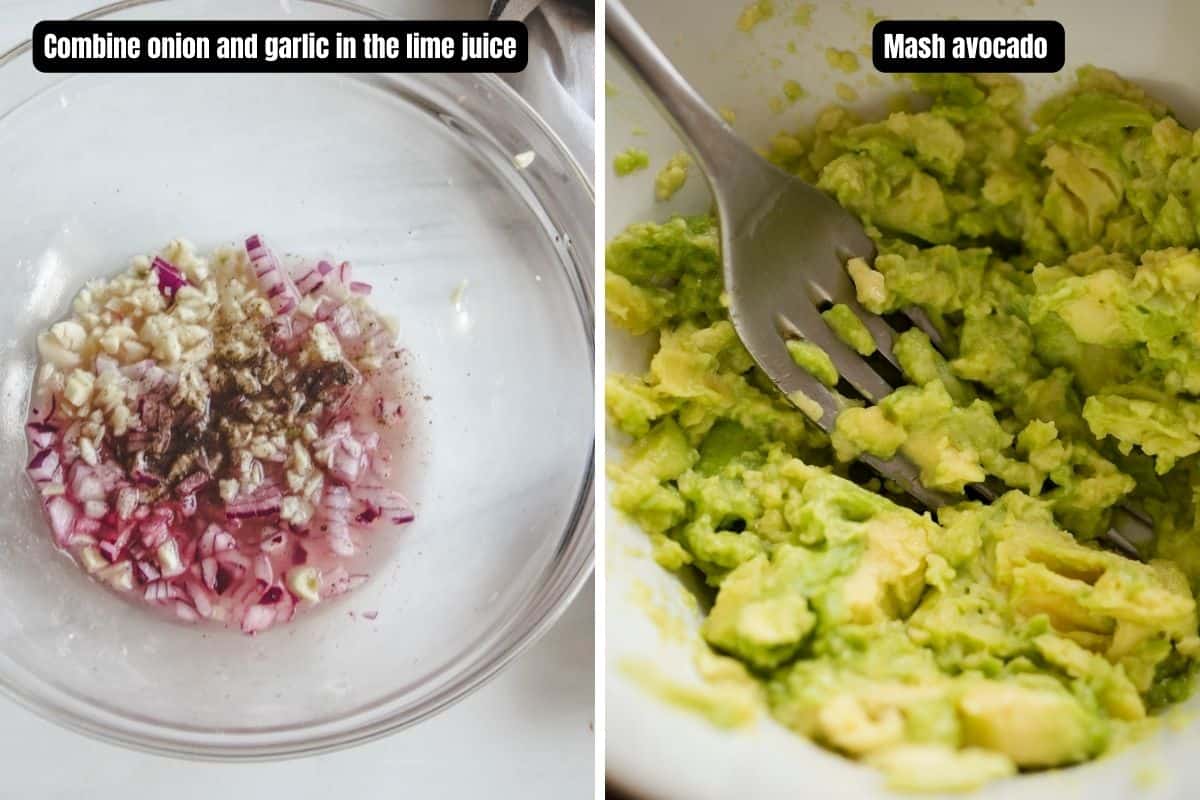 Two photos with text overlay of instructions to make homemade guacamole.