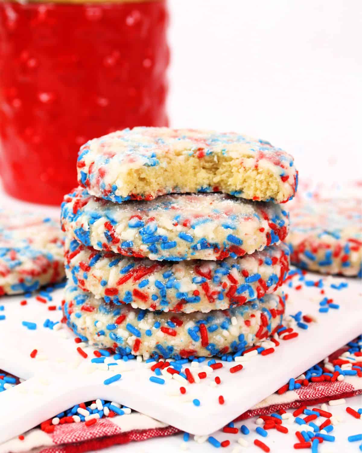 4th of July cookies that are a butter based cookie covered with patriotic colored sprinkles. 