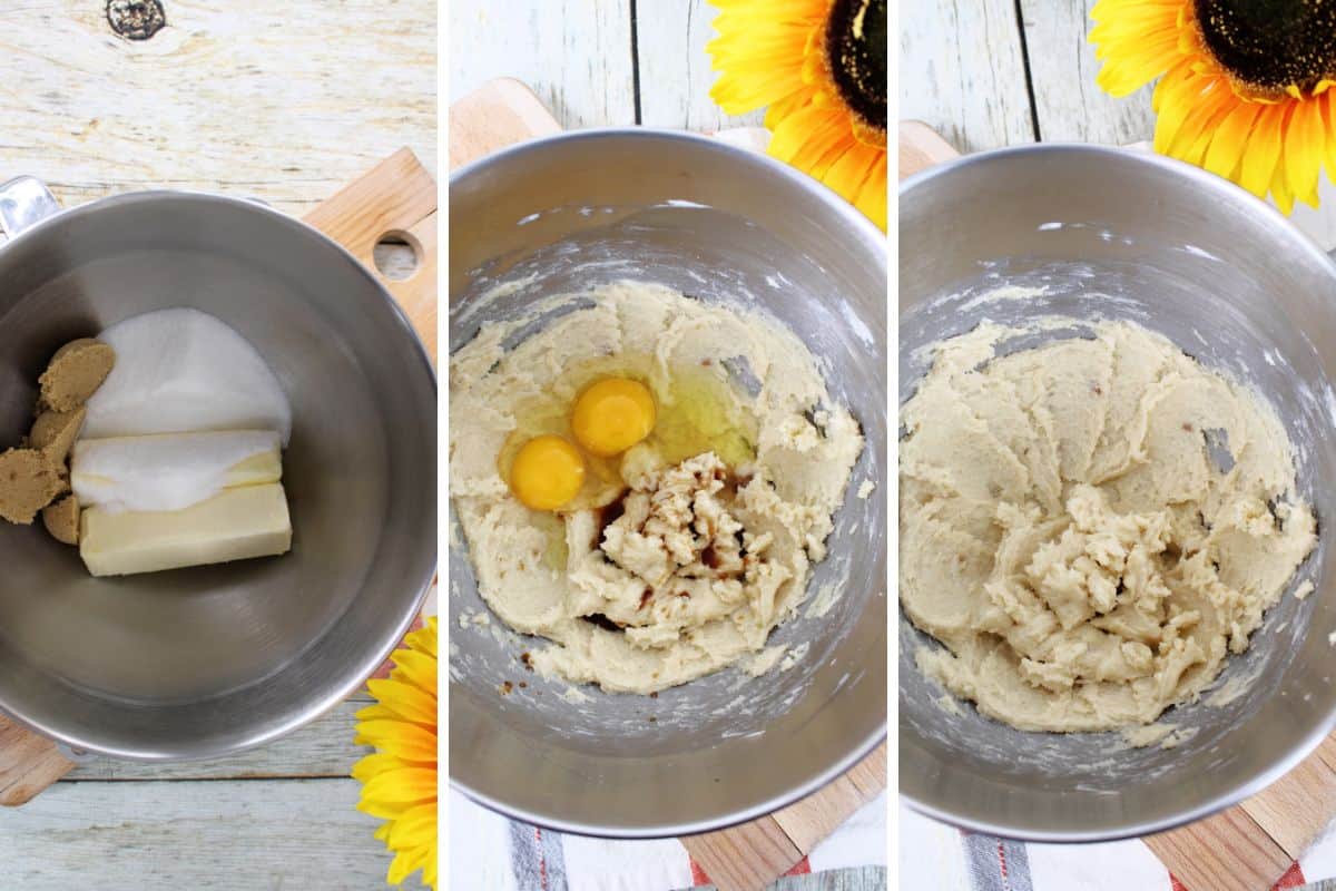 Steps to make butter cookies with red, white, and blue sprinkles. 