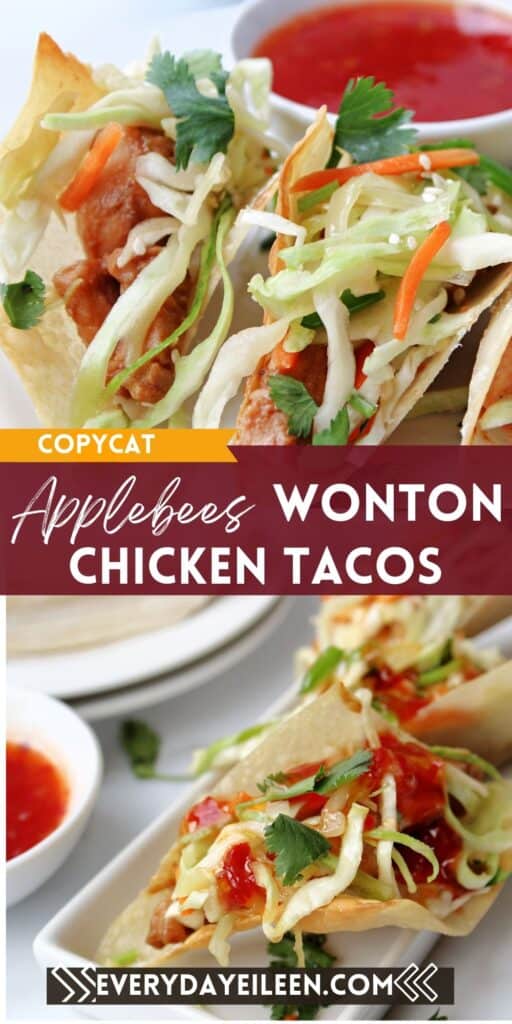 A pinterest pin wth text overlay of wonton tacos with chicken and cole slaw