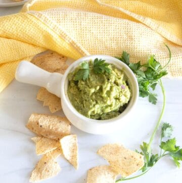 Guacamole in a bowl with chips around t and a sprig of cilantro on the side.