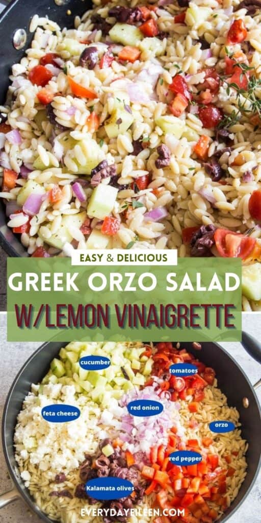 A pinterest pin with text overlay of greek pasta salad.