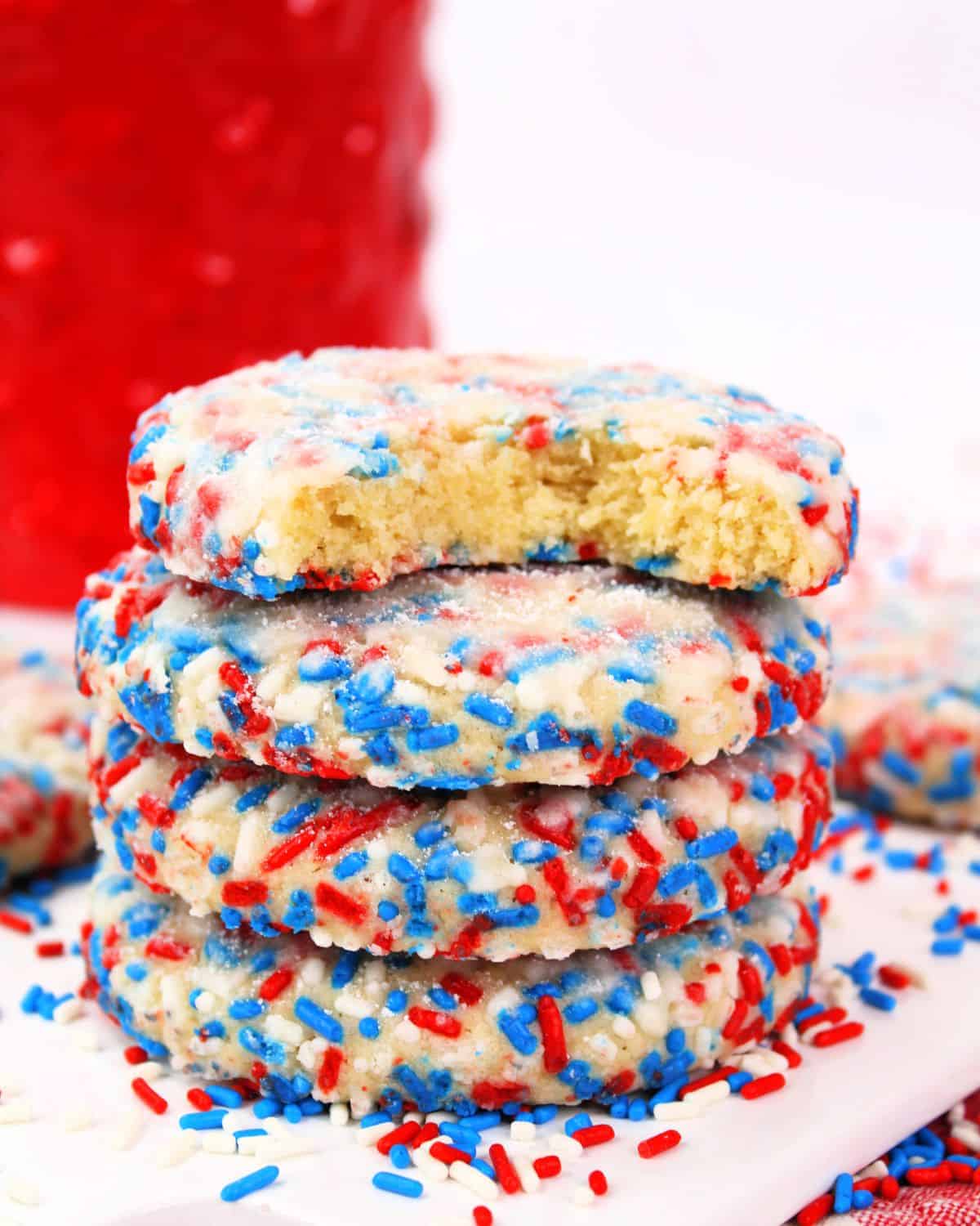 Fourth of July cookies with red, white, and blue sprinkles. 